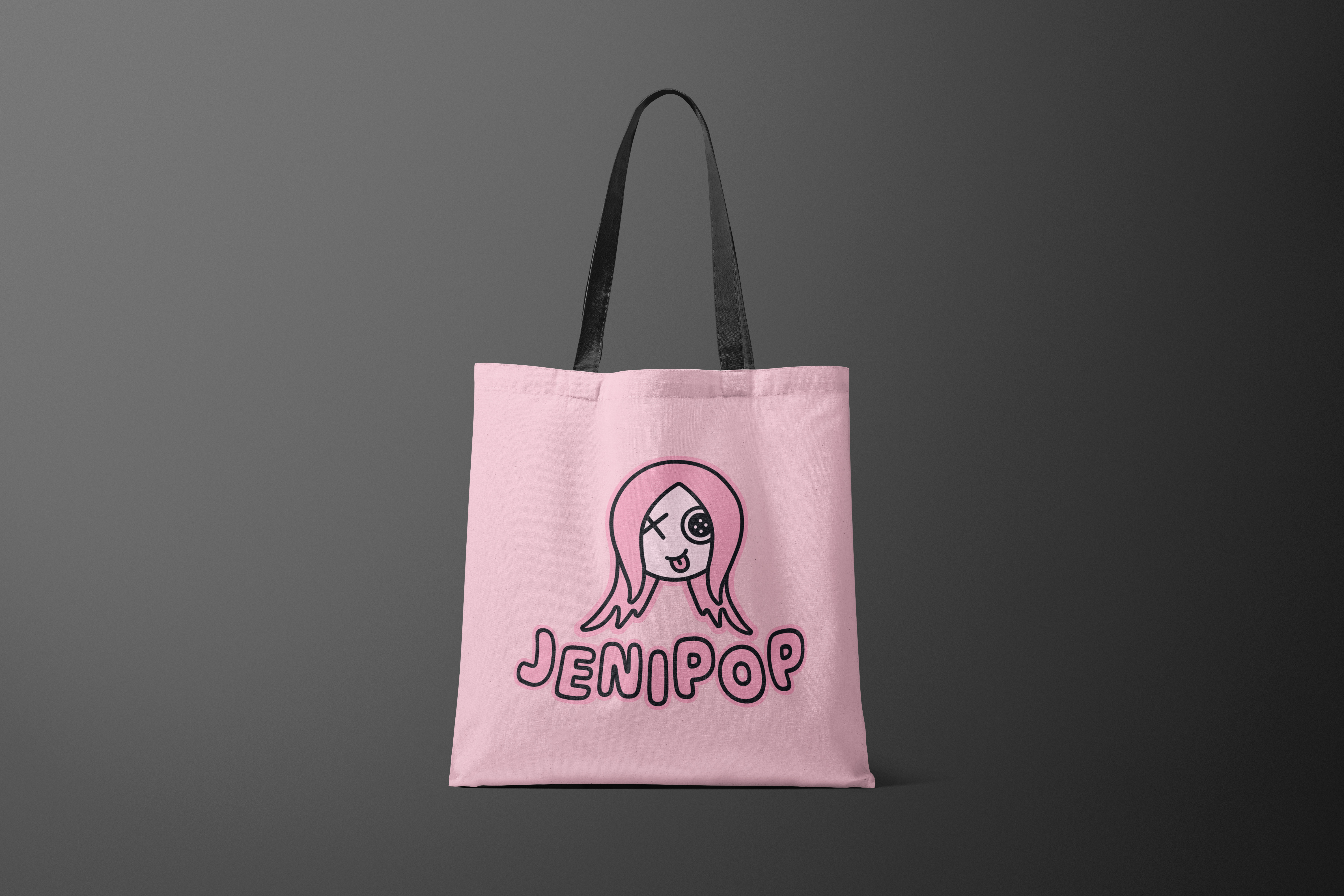 JeniPop branded tote bag merchandise displaying logo implementation