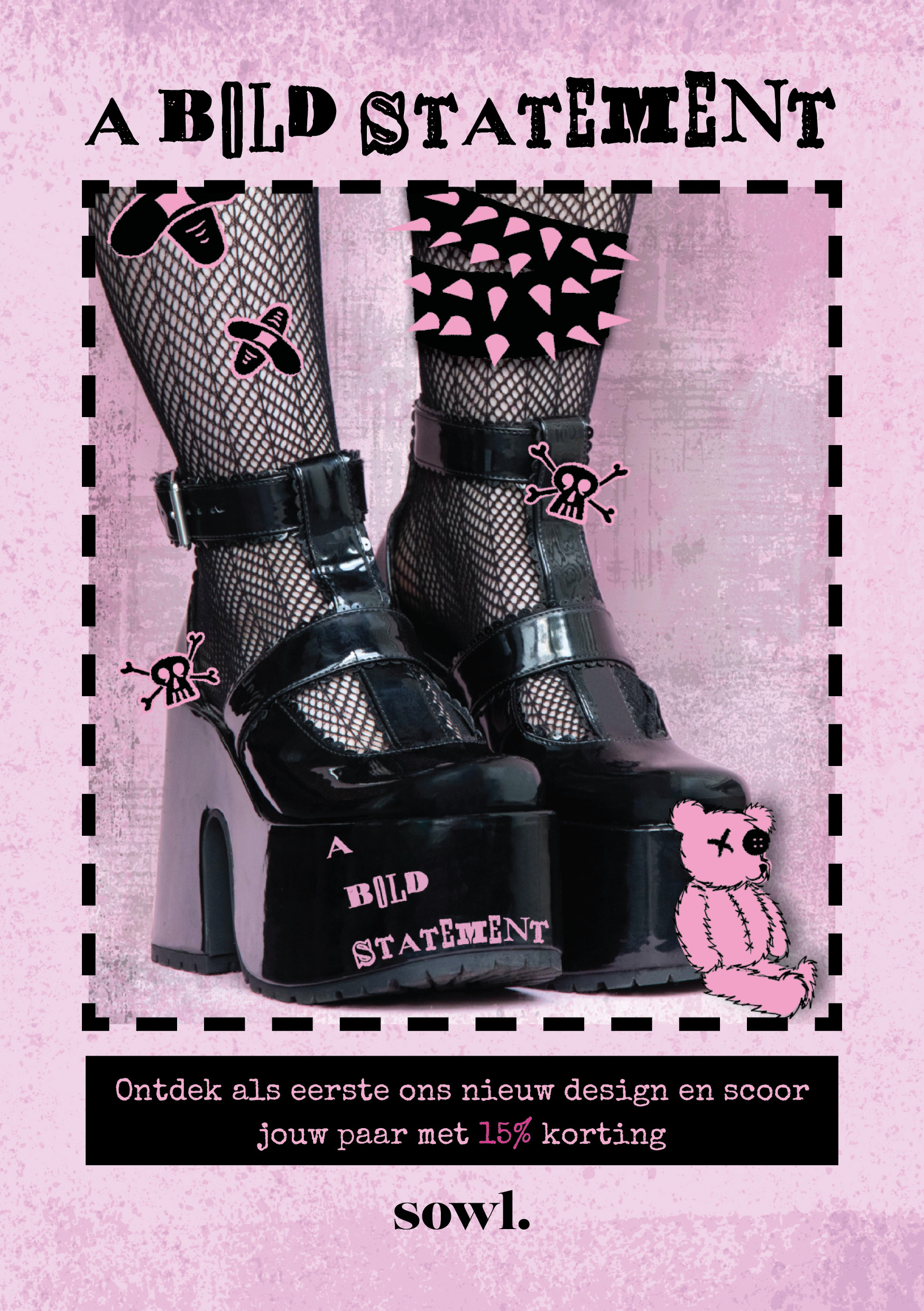 SOWL poster with a model wearing the shoes in a rebbelious border